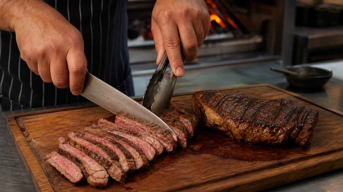 Corte de carne cocido a la parrilla durante su preparación
