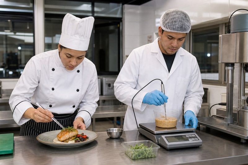 Estudiantes comparando producción gastronómica y análisis de alimentos