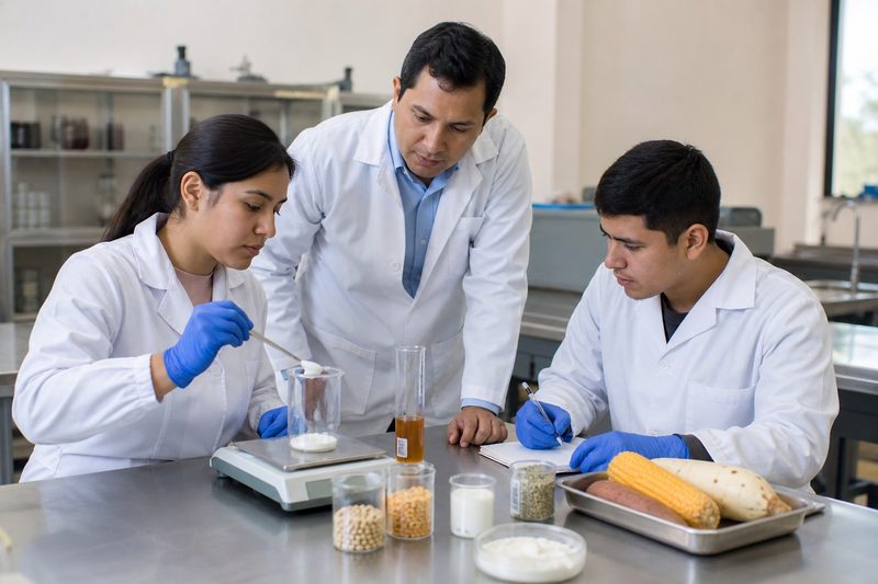 Estudiantes realizando una práctica de análisis de alimentos