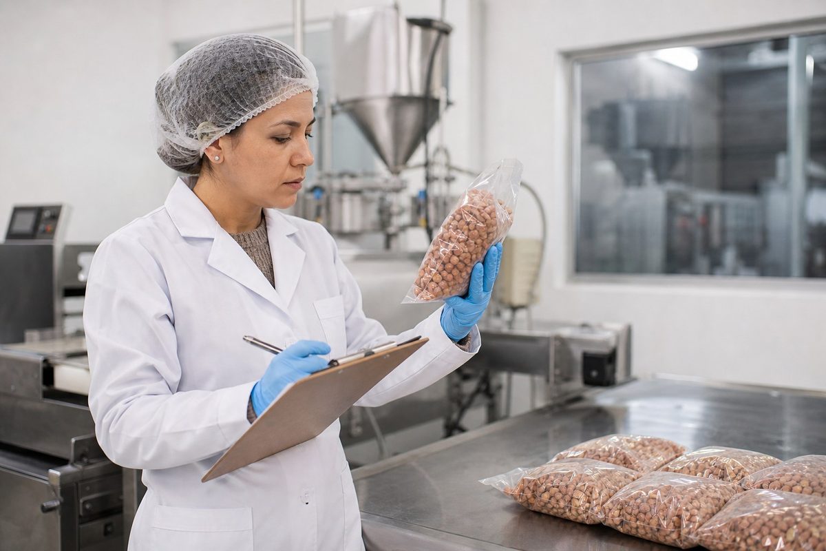 Profesional controlando la calidad de un alimento envasado
