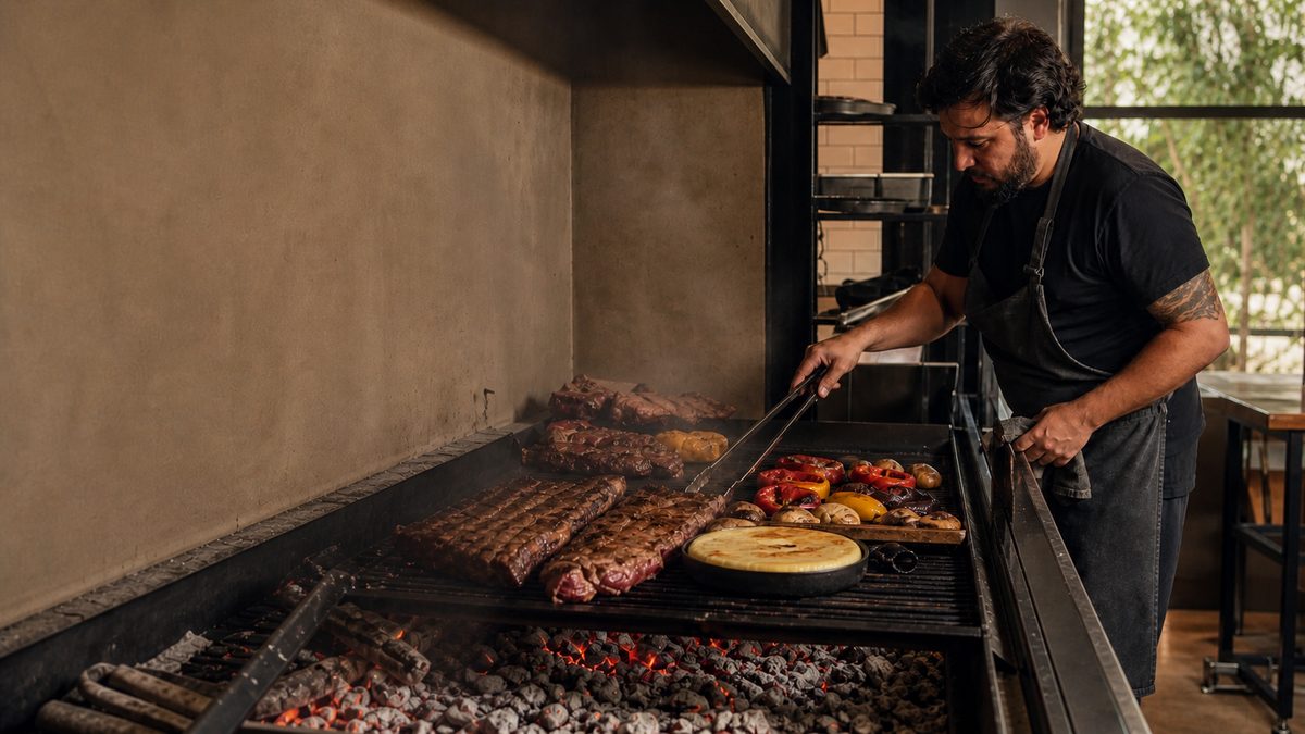 Parrillero profesional controlando las brasas y la cocción de carnes y vegetales