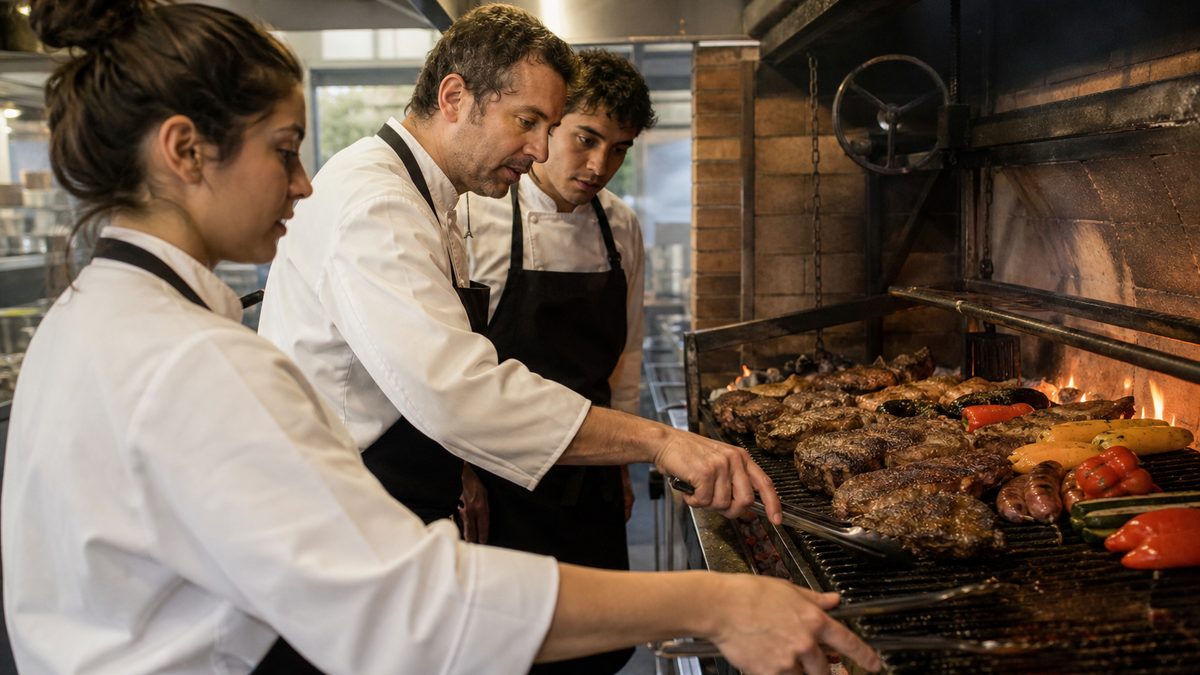 Cocinero trabajando frente a una parrilla encendida