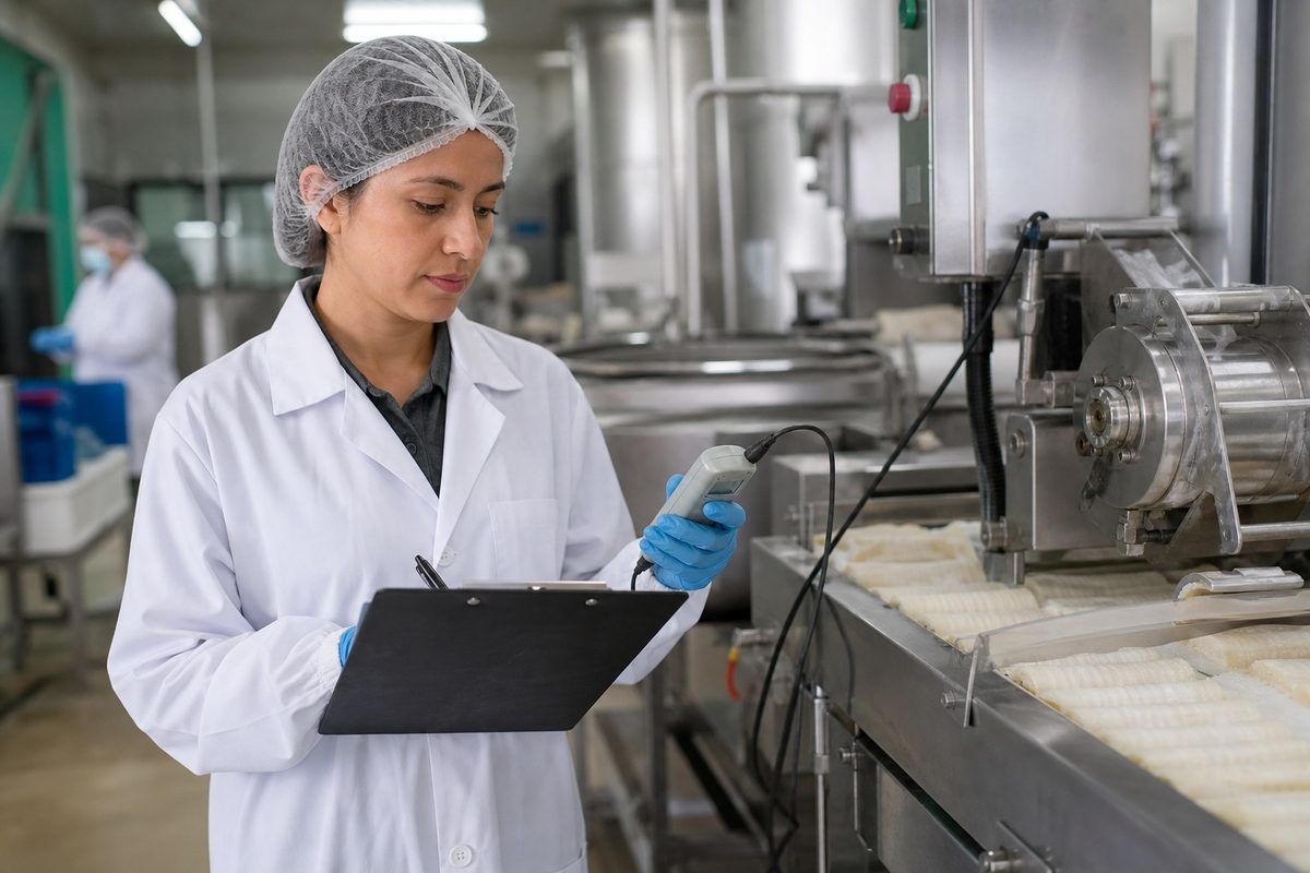 Profesional verificando un proceso en una planta de alimentos